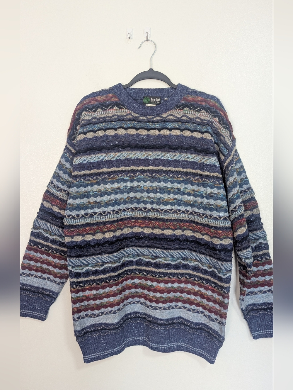 Iris Lane 90s Wool/Silk Blue Red Textured Made In Italy Striped Pullover Sweater